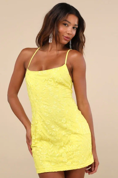 Lulus Lively Sweetheart Neon Yellow Embroidered Lace-up Mini Dress