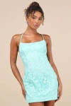 Lulus Lively Sweetheart Turquoise Mesh Embroidered Lace-up Mini Dress In Turquoise