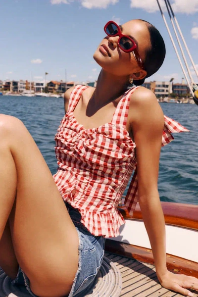 Lulus Lobelia Red Gingham Ruched Tie-strap Top In Multi
