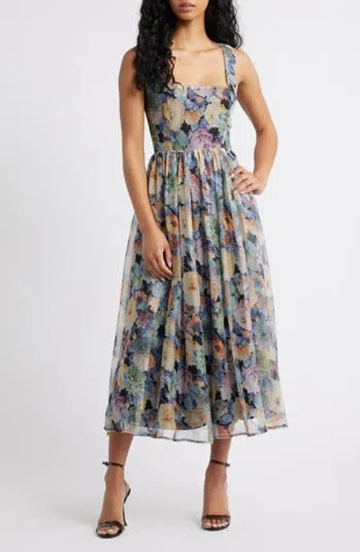 Lulus Logan Floral Square Neck Midi Dress In Grey Multi