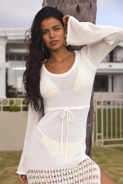Lulus Lokelani White Crochet Fringe Long Sleeve Swim Cover-up
