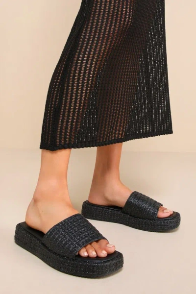Lulus Lolani Black Raffia Platform Slide Sandals