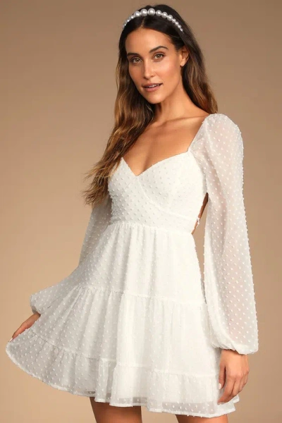 Lulus Longing And Love White Swiss Dot Puffed Long Sleeve Mini Dress
