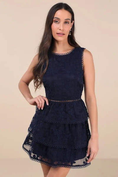 Lulus Look So Sweet Navy Floral Embroidered Organza Mini Dress