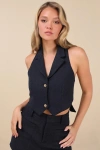 Lulus Looking Posh Navy Tweed Backless Cropped Halter Vest Top In Navy