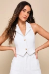 Lulus Looking Posh White Tweed Backless Cropped Halter Vest Top In White