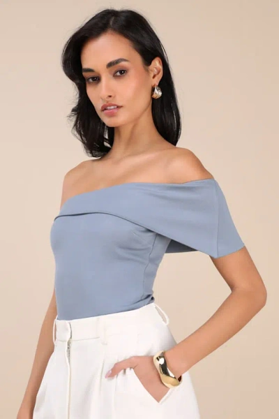 Lulus Lorina Slate Asymmetrical Off-the-shoulder Top In Grey