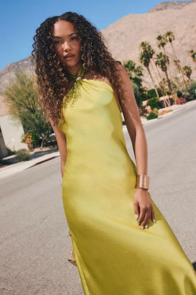 Lulus Lorissa Chartreuse Satin Halter Midi Dress In Green