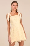 Lulus Lovable Aesthetic Light Yellow Embroidered Tie-strap Mini Dress In Light Yellow