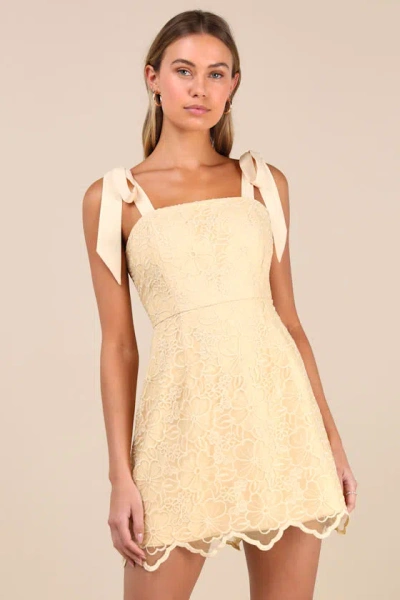 Lulus Lovable Aesthetic Light Yellow Embroidered Tie-strap Mini Dress