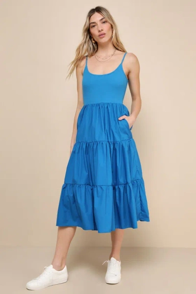 Lulus Lovable Cutie Blue Sleeveless Tiered Midi Dress With Pockets
