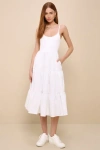 LULUS LOVABLE CUTIE WHITE SLEEVELESS TIERED MIDI DRESS WITH POCKETS