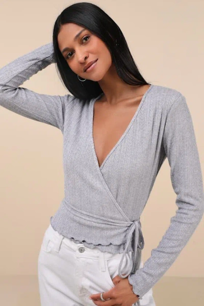 Lulus Lovable Favorite Grey Pointelle Knit Long Sleeve Wrap Top