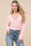 Lulus Lovable Favorite Pink Pointelle Knit Long Sleeve Wrap Top In Pink