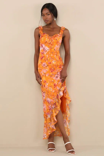 Lulus Lovable Spirit Orange Floral Burnout Ruffled High-low Maxi Dress