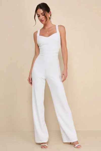 Lulus Love Aglow White Pearl Beaded Sleeveless Straight Leg Jumpsuit