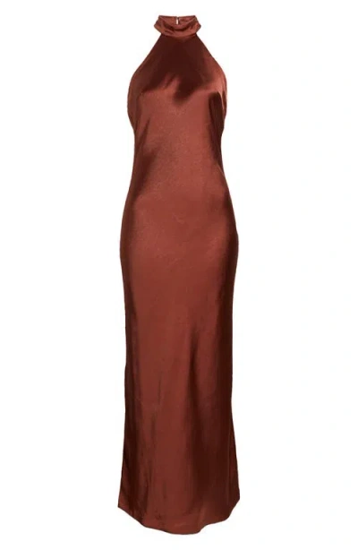 Lulus Love In Your Life Rust Brown Satin Halter Maxi Dress