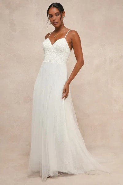 Lulus Love Perfection White Lace Tulle Pearl Beaded Maxi Dress