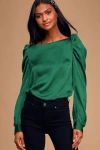 Lulus Love You Dearly Forest Green Satin Long Sleeve Top In Forest Green