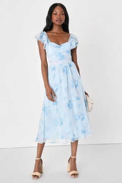 Lulus Loveliest Darling Light Blue Floral Ruffled Tie-back Midi Dress