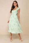 LULUS LOVELIEST DARLING LIGHT GREEN FLORAL RUFFLED TIE-BACK MIDI DRESS