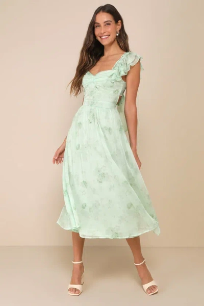 Lulus Loveliest Darling Light Green Floral Ruffled Tie-back Midi Dress