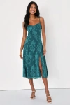 Lulus Loveliest Looks Emerald Green Jacquard Tie-strap Midi Dress In Emerald Green
