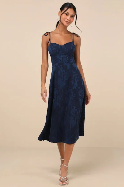 Lulus Loveliest Looks Navy Blue Floral Jacquard Tie-strap Midi Dress