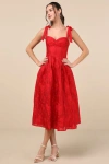Lulus Loveliest Muse Red Burnout Floral Tie-strap Midi Dress In Red