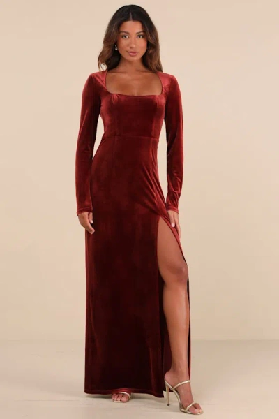 Lulus Lovely And Luminous Rust Velvet Long Sleeve Column Maxi Dress In Brown