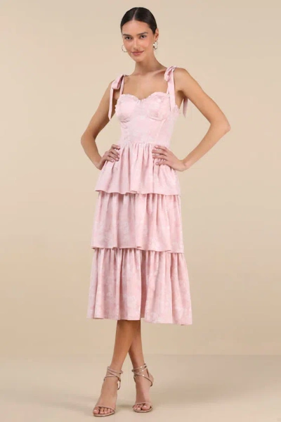 Lulus Lovely Bliss Pink Floral Jacquard Strapless Bustier Midi Dress