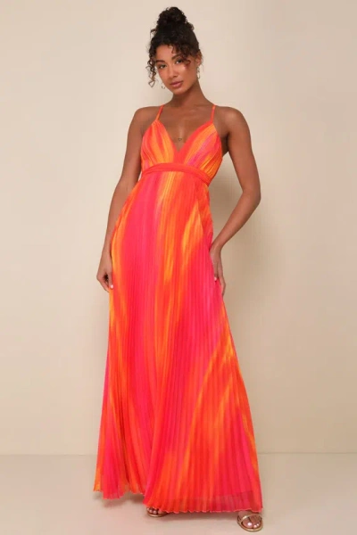 Lulus Lovely Boldness Orange Multi Watercolor Pleated Maxi Dress