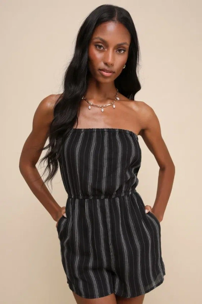 Lulus Lovely Comfort Black Striped Strapless Romper