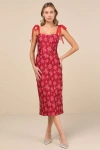 Lulus Lovely Darling Magenta Floral Jacquard Tie-strap Midi Dress In Magenta