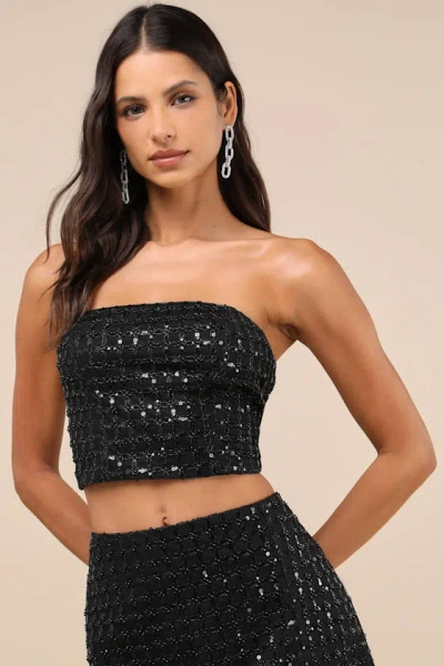 Lulus Lovely Decadence Black Sequin Beaded Strapless Crop Top