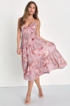 Lulus Lovely Energy Mauve Floral Print Tiered Backless Midi Dress In Mauve