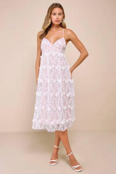 Lulus Lovely Excellence Blush And White 3d Floral Applique Midi Dress In Pink