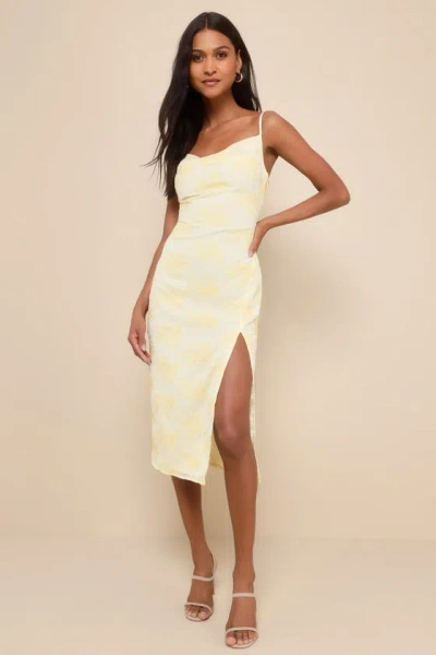 Lulus Lovely Existence Light Yellow Embroidered Cowl Neck Midi Dress