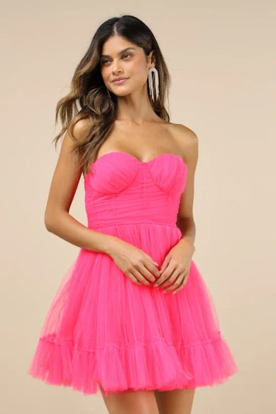 Lulus Lovely Flirtation Hot Pink Tulle Strapless Bustier Mini Dress