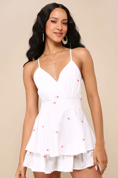 Lulus Lovely Intent White Floral Embroidered Backless Tiered Romper