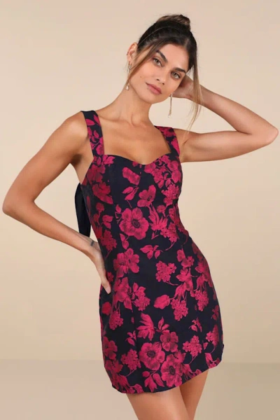 Lulus Lovely Intuition Navy And Magenta Jacquard Tie-strap Mini Dress