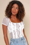 Lulus Lovely Musing White Sheer Swiss Dot Lace Short Sleeve Top In White