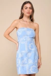Lulus Lovely Pose Blue Embroidered Strapless Mini Dress In Blue