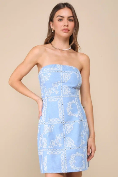 Lulus Lovely Pose Blue Embroidered Strapless Mini Dress
