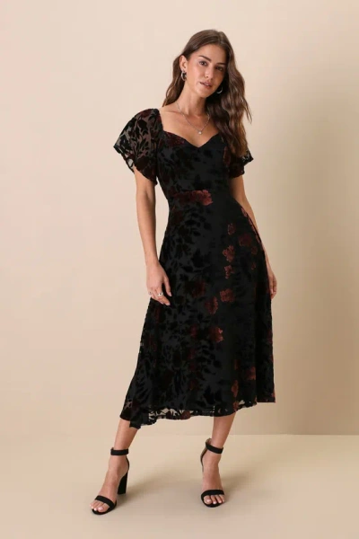 Lulus Lovely Purpose Black Velvet Floral Burnout Lace-up Midi Dress