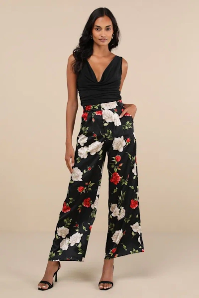 Lulus Lovely Sensation Black Floral Satin Wide-leg Trousers