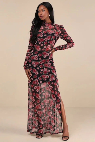 Lulus Lovely Silhouette Black Floral Sheer Mesh Cutout Maxi Dress