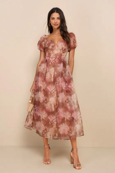 Lulus Lovely Statement Light Brown Floral Organza Tie-back Midi Dress