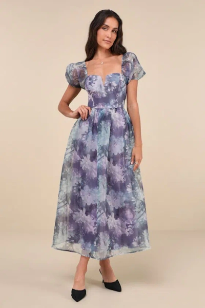 Lulus Lovely Statement Purple Floral Organza Tie-back Midi Dress