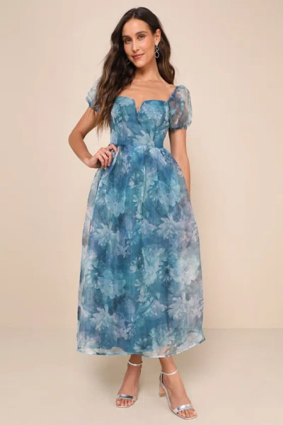 Lulus Lovely Statement Teal Blue Floral Organza Tie-back Midi Dress